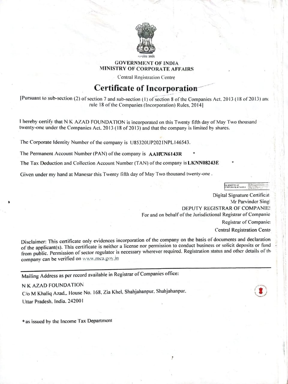 REGISTRATION CERTIFICATE
